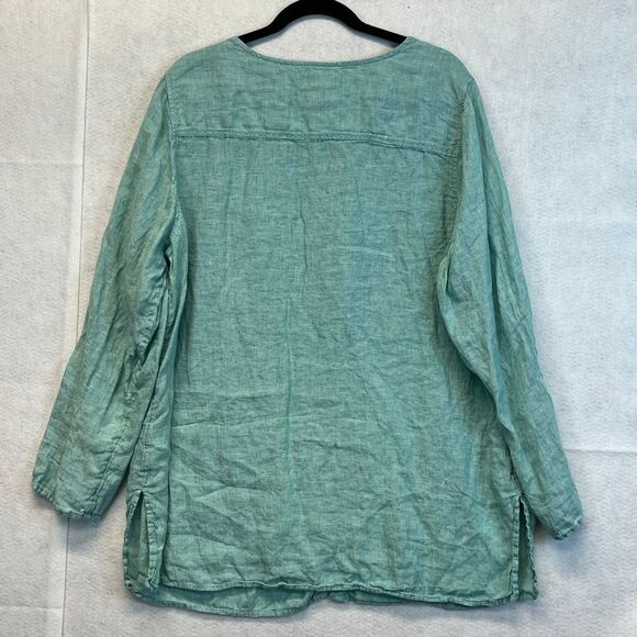 TAHARI Women’s Linen Button Front Tunic Top 2X Teal Green Long Sleeve Blouse - Picture 10 of 13